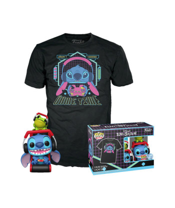 Figura Funko Pop Gamer Stitch 1569 - Disney Lilo y Stitch - Pack Especial con Camiseta Talla M