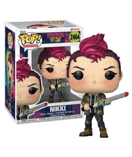 Figura Funko Pop Nikki 2464 - Stranger Things: Tales from '85 - Pelo Fucsia, Chaqueta Militar y Arma Motosierra